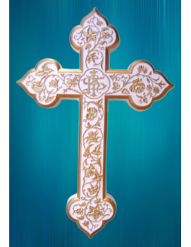 Ravissante croix ornée en plâtre, avec attache au dos.