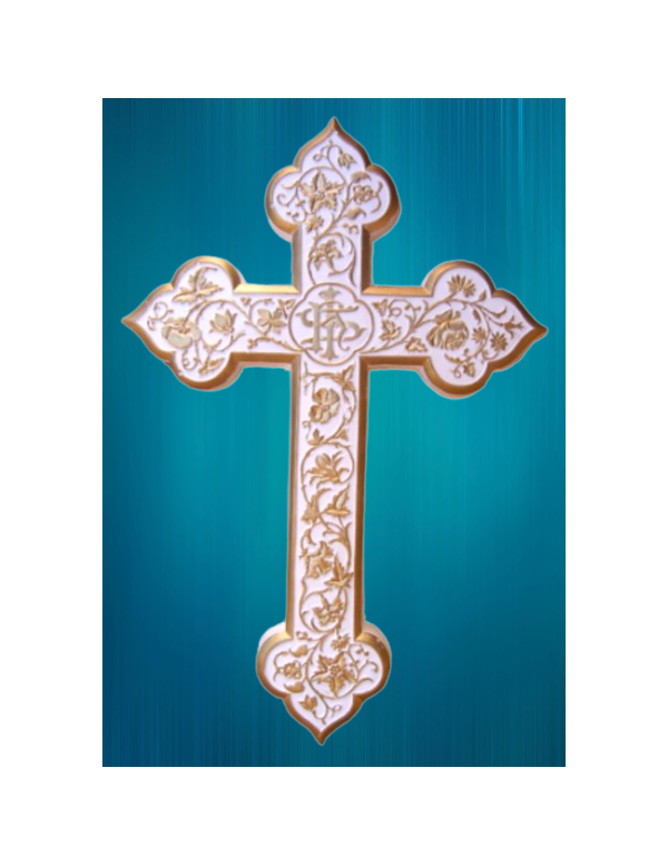 Ravissante croix ornée en plâtre, avec attache au dos.