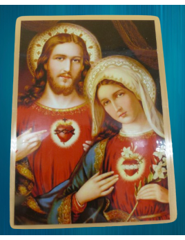 Image plastifiée des deux Cœurs Unis de Jésus et Marie avec prière au dos.