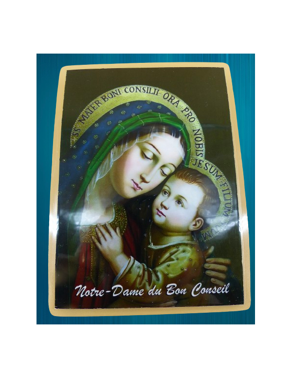 Image plastifiée de Notre-Dame du Bon Conseil avec une prière au dos.
