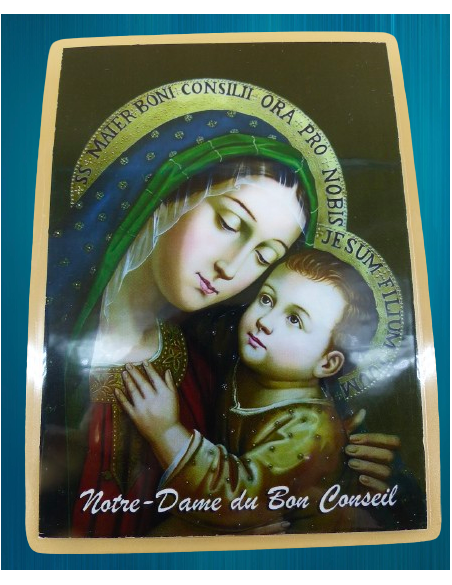 Image plastifiée de Notre-Dame du Bon Conseil avec une prière au dos.