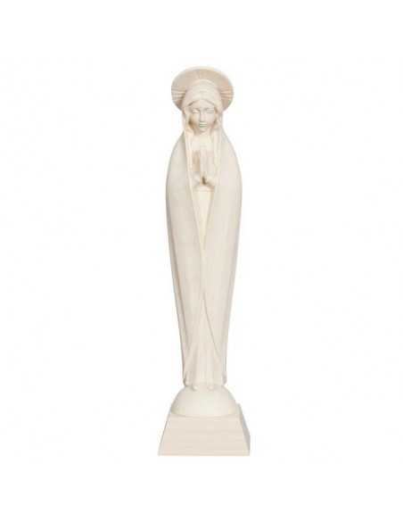 Jolie Statue de la Sainte Vierge en bois naturel, dans un style épuré.