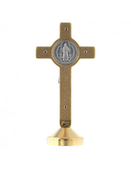 Petite croix de saint Benoît sur socle en métal émaillé bleu et laiton argenté. 2