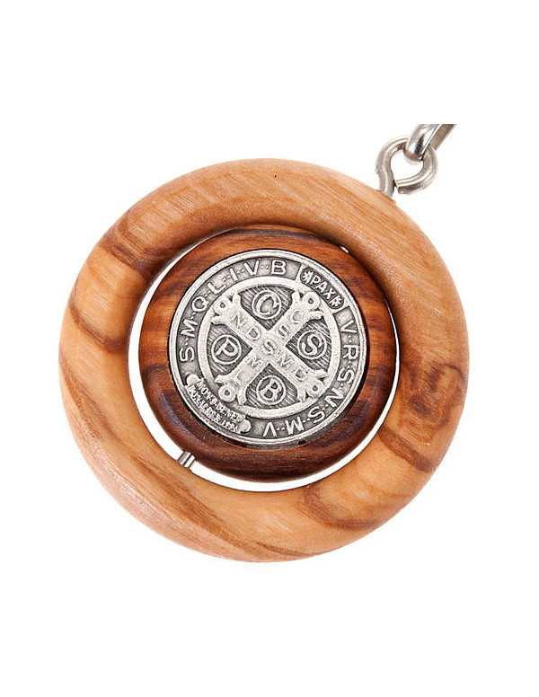 Porte-clés rond en bois d'olivier avec médaille...