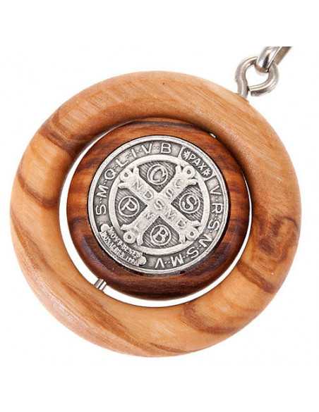 Porte-clés rond en bois d'olivier avec médaille de Saint Benoît