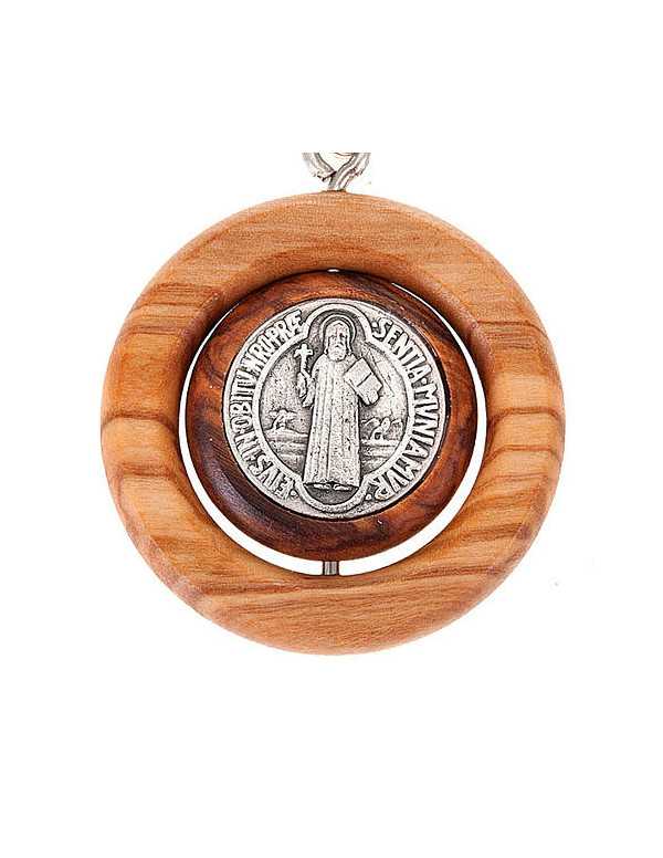 Porte-clés rond en bois d'olivier avec médaille...