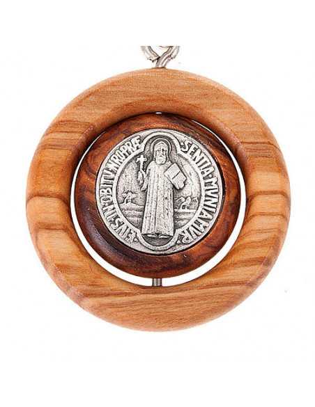 Porte-clés rond en bois d'olivier avec médaille de Saint Benoît