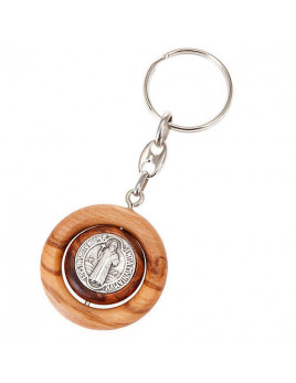Porte-clés rond en bois d'olivier avec une médaille de saint Benoît