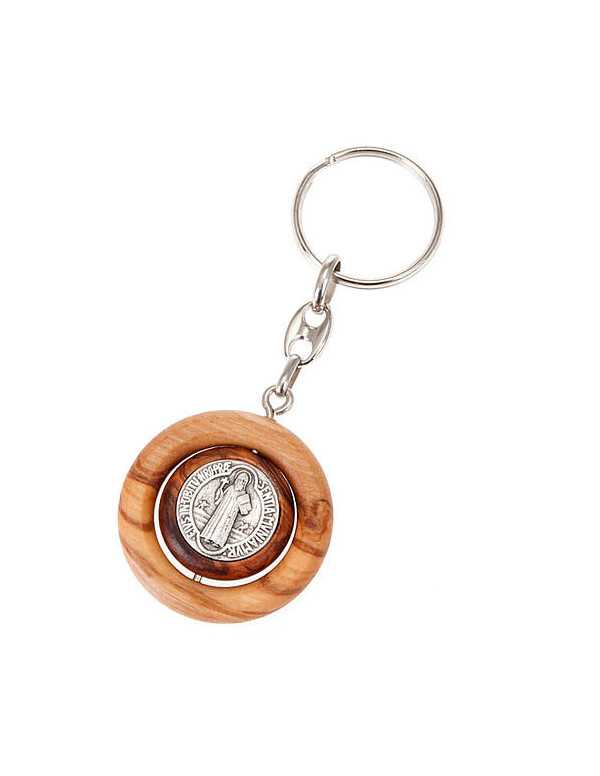 Porte-clés rond en bois d'olivier avec une médaille de saint Benoît