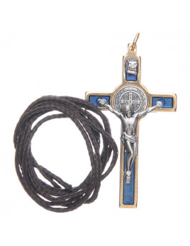 Pendentif Croix de saint Benoît en laiton émaillé bleu. 2