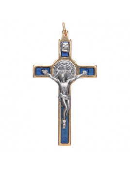 Pendentif Croix de saint Benoît en laiton émaillé bleu.