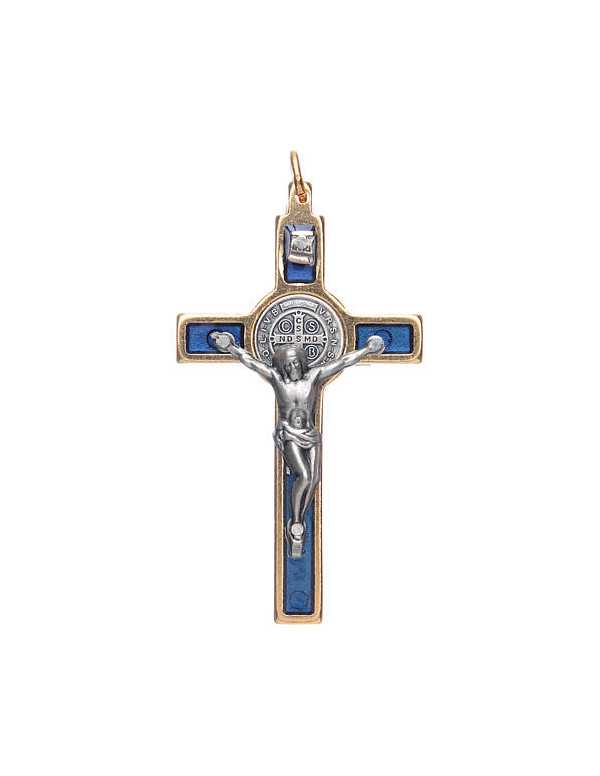 Pendentif Croix de saint Benoît en laiton émaillé bleu.