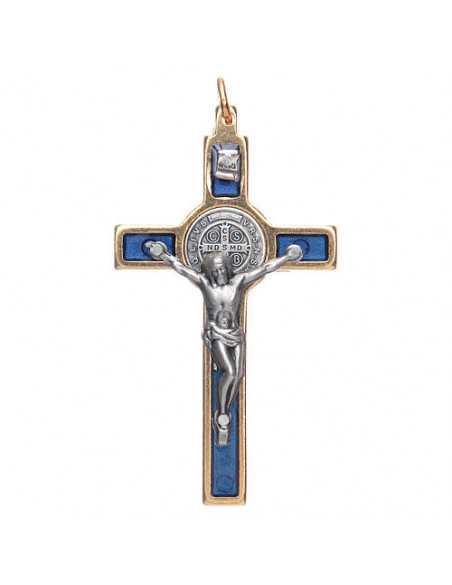 Pendentif Croix de saint Benoît en laiton émaillé bleu.