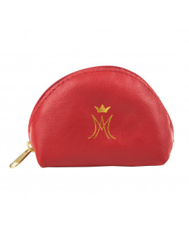 Etui à chapelet en cuir rouge en forme de pochette.
