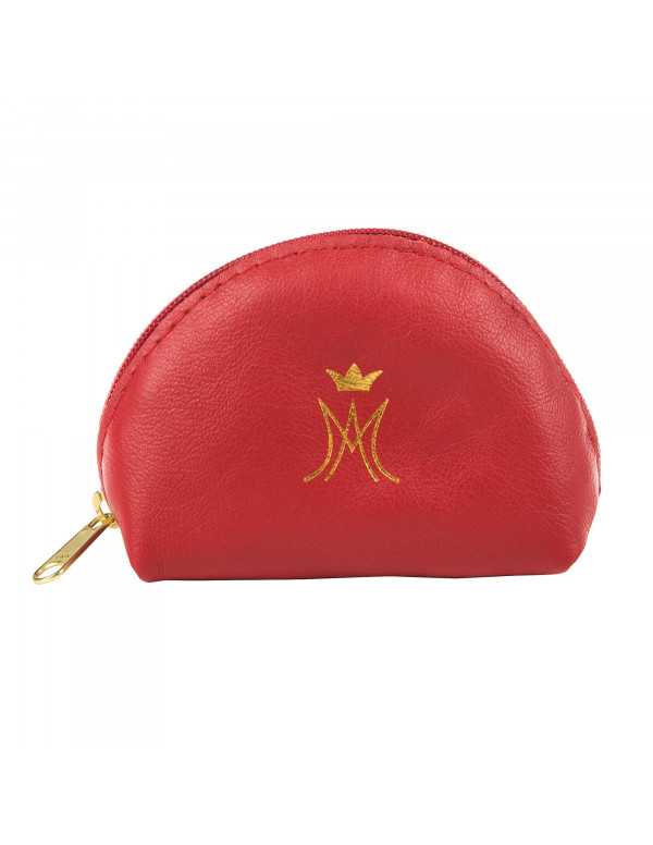 Etui à chapelet en cuir rouge en forme de pochette.