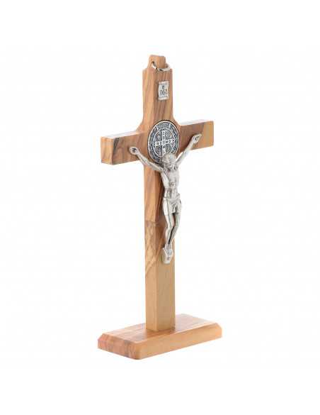 Crucifix Saint Benoît en bois d'olivier sur socle amovible