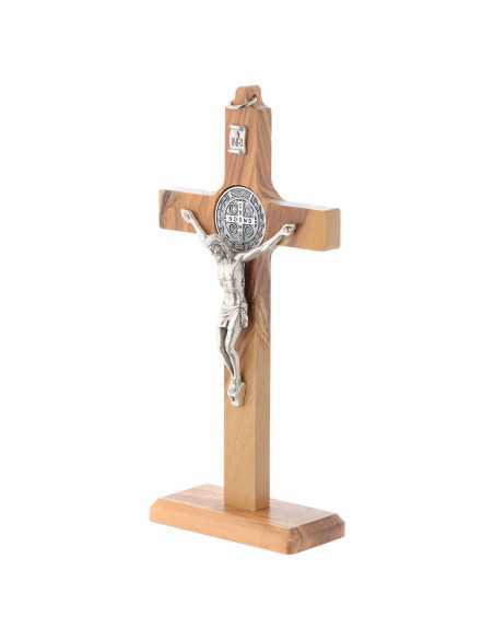Crucifix Saint Benoît en bois d'olivier sur socle amovible