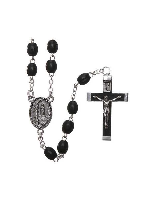 Chapelet avec les grains en bois et noirs de Notre-Dame de Lourdes.