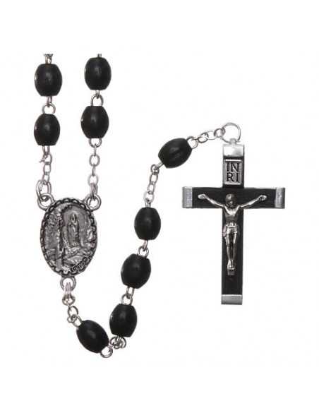 Chapelet avec les grains en bois et noirs de Notre-Dame de Lourdes.