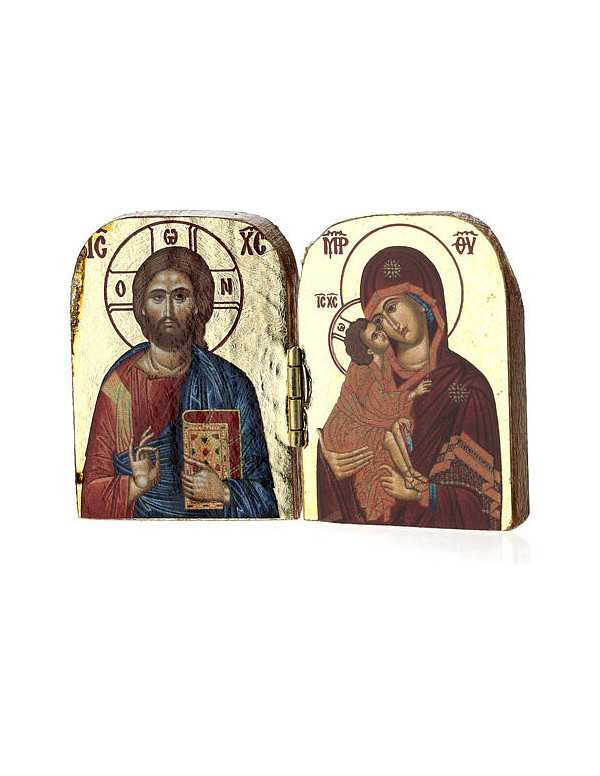 Petit diptyque en bois représentant le Christ et la Vierge Marie