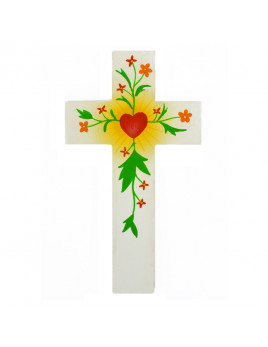 Croix enfantine Coeur et fleurs rouges