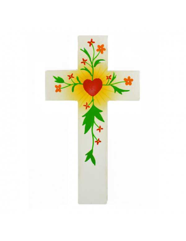 Jolie croix enfantine avec au centre un coeur entouré de fleurs oranges.