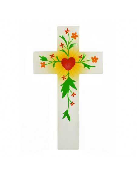 Croix enfantine Coeur et fleurs rouges