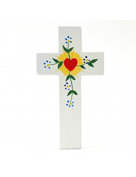 Jolie croix enfantine coeur et fleurs bleues.