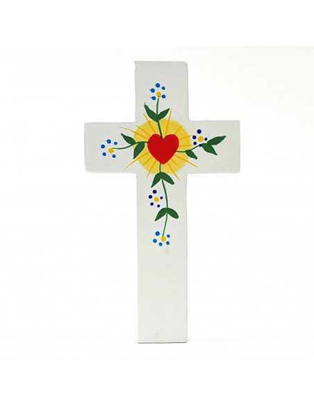 Jolie croix enfantine coeur et fleurs bleues.
