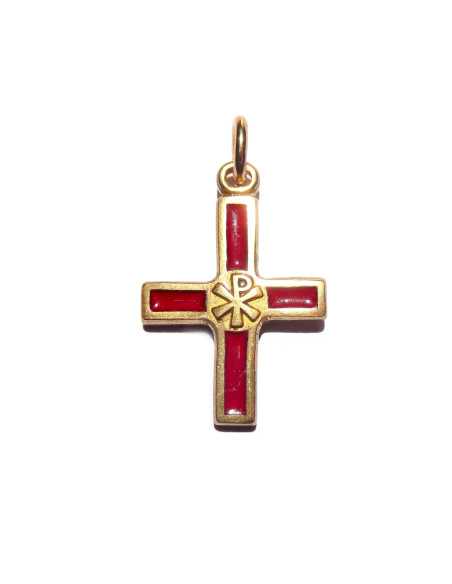 Pendentif croix en bronze émaillé - chrisme - rouge