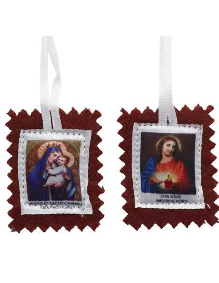 Petit scapulaire du Mont Carmel en bure brune avec images en tissu satiné