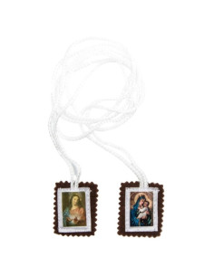 Petit scapulaire du Mont Carmel en bure brune avec images en tissu satiné 2