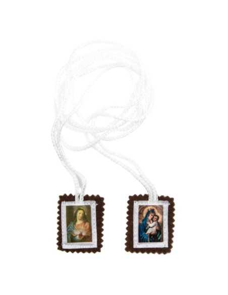 Petit scapulaire du Mont Carmel en bure brune avec images en tissu satiné