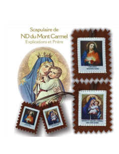 Scapulaire du Mont Carmel en bure brune, avec images en tissu satiné, avec notice explicative