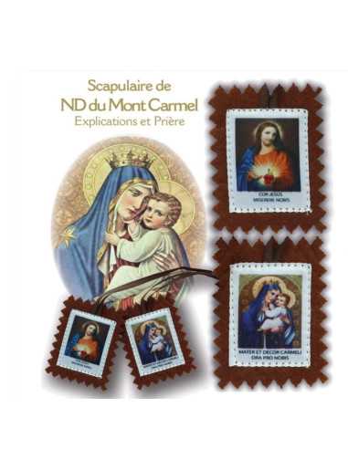 Scapulaire du Mont Carmel en bure brune, avec images en tissu satiné, avec notice explicative