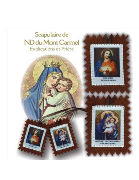 Scapulaire du Mont Carmel en bure brune, avec images en tissu satiné, avec notice explicative