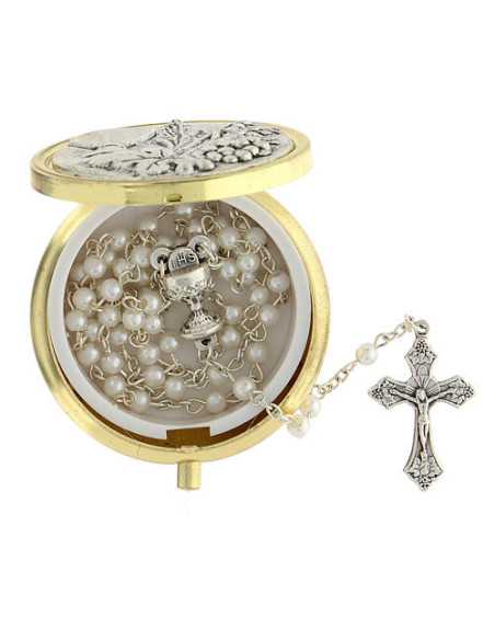 Etui à chapelet rond avec chapelet imitation nacre