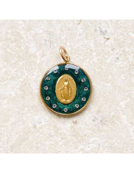 Médaille miraculeuse couronnée d'étoiles mica vert émeraude