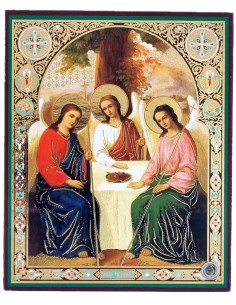 Petite icône russe, image sur bois MDF, représentant la Très Sainte Trinité.