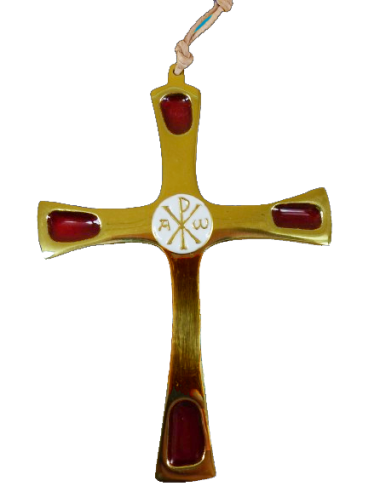 Croix en bronze avec au centre le Chrisme entouré de l'alpha et l'omega.
