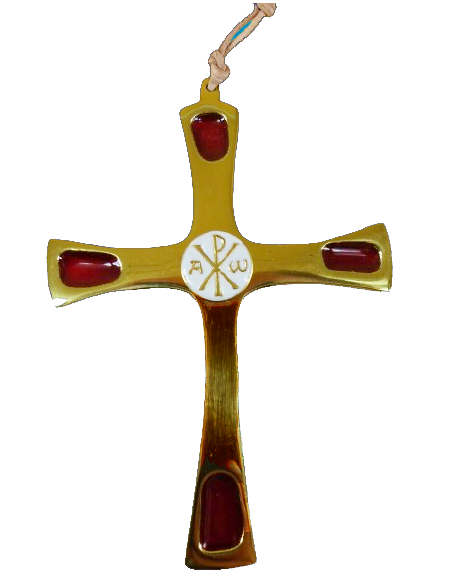 Croix en bronze avec au centre le Chrisme entouré de l'alpha et l'omega.