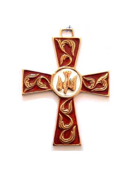 Croix en bronze émaillé rouge avec la colombe représentant le Saint-Esprit