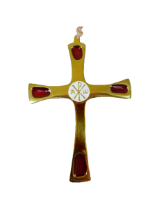 Croix en bronze avec au centre le Chrisme entouré de l'alpha et l'omega.