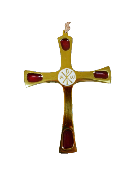 Croix en bronze avec au centre le Chrisme entouré de l'alpha et l'omega.