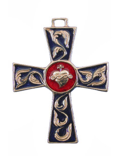 Croix en bronze avec un Sacré-Cœur sur fond rouge au centre.