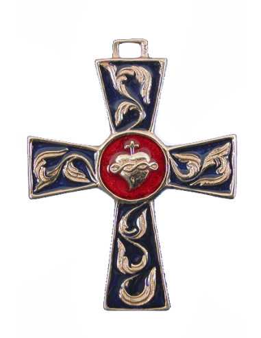 Croix en bronze avec un Sacré-Cœur sur fond rouge au centre.