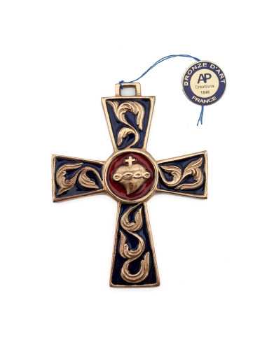 Croix bronze Sacré-Cœur - bleue