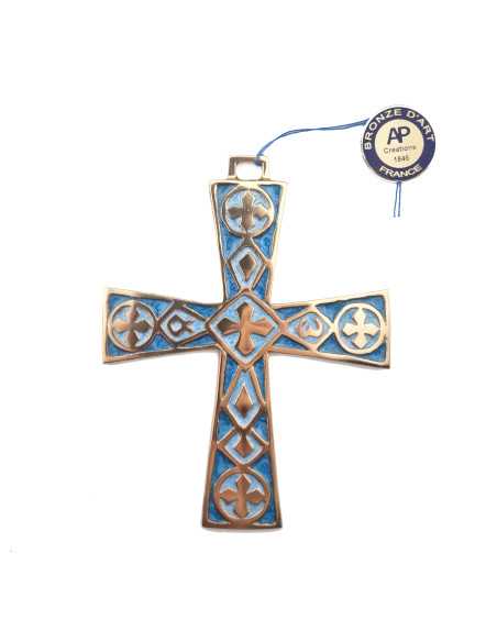 Croix bronze émaillé Alpha et Omega - bleue turquoise