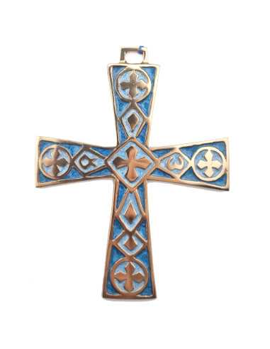 Croix bronze émaillé Alpha et Omega - bleue turquoise