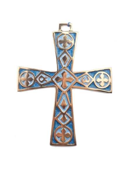 Croix bronze émaillé Alpha et Omega - bleue turquoise